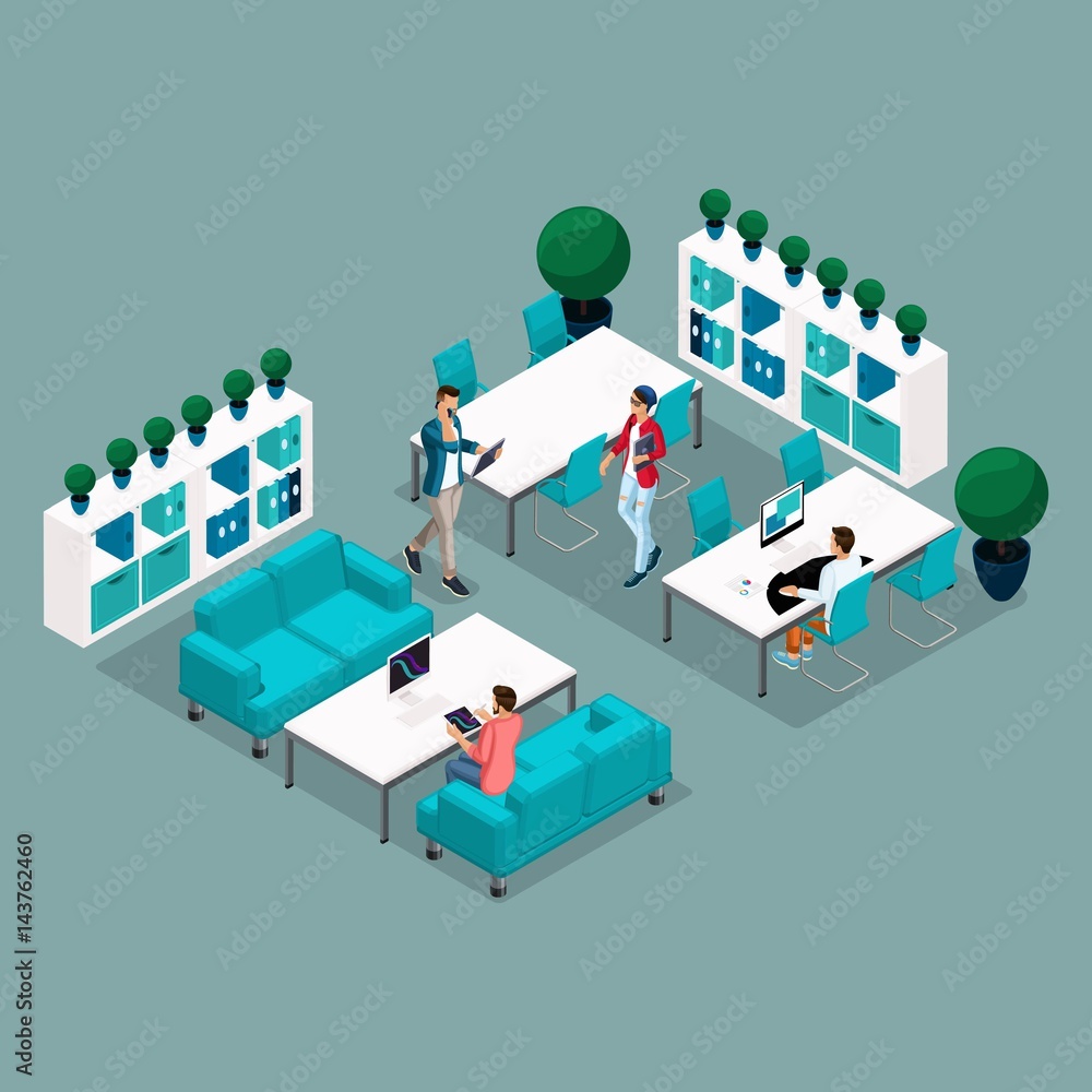 Trendy Isometric people and gadgets coworking center, work, technology, laptop, pad, freelancers, artists, programmers are isolated on a light background