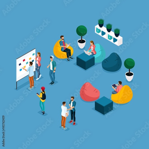 Trendy Isometric people and gadgets coworking center, training and discussion, soft krasla pear, working environment freelancers communicate are isolated on a blue background