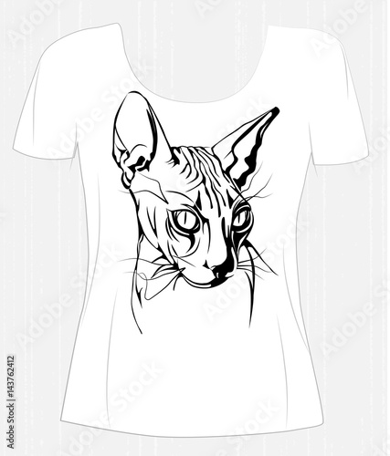 t-shirt design  with black-white  graphic portrait of the  Canadian sphinx cat.