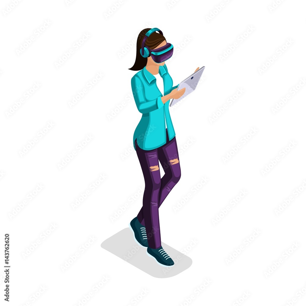 Trendy Isometric people and gadgets, a teenager, a young girl, student, uses hi tech technology, phone, pad, play, virtual reality, virtual glasses isolated Trendy Isometric people and gadgets, a teenager, a young girl, student, uses hi tech technology, phone, pad, play, virtual reality, virtual glasses isolated