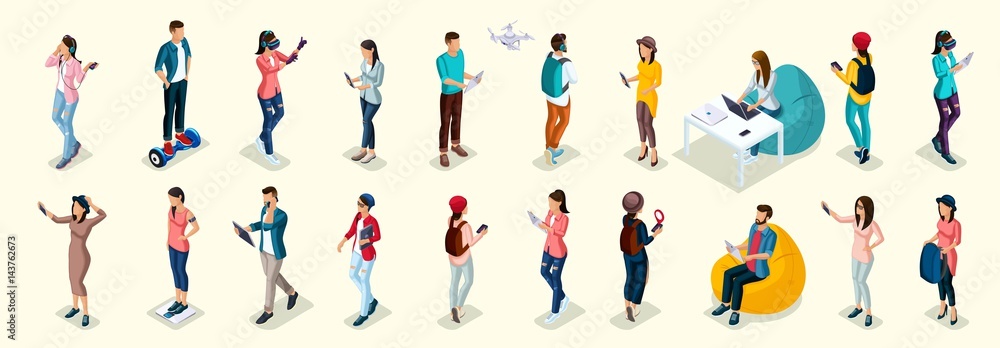 Set of 20 Trendy isometric people and gadgets, teenagers, young people, students, using hi tech technology, mobile phones, pad, laptops, make selfie, smart watches, virtual games, navigators