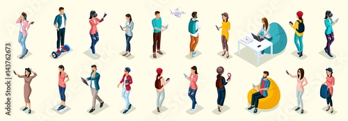 Set of 20 Trendy isometric people and gadgets, teenagers, young people, students, using hi tech technology, mobile phones, pad, laptops, make selfie, smart watches, virtual games, navigators