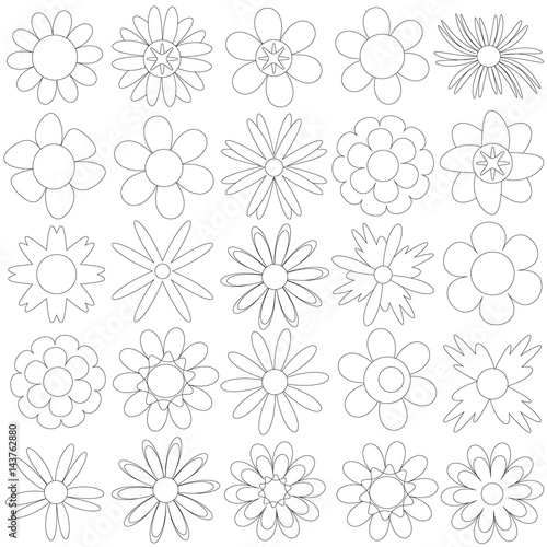 Set of black and white flowers for coloring book, vector
