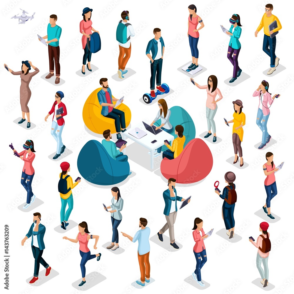 Trendy Isometric people and gadgets, 3D people, teenager, students, large group of people, using hi tech technology, pad, laptop, headphones, scales, sport