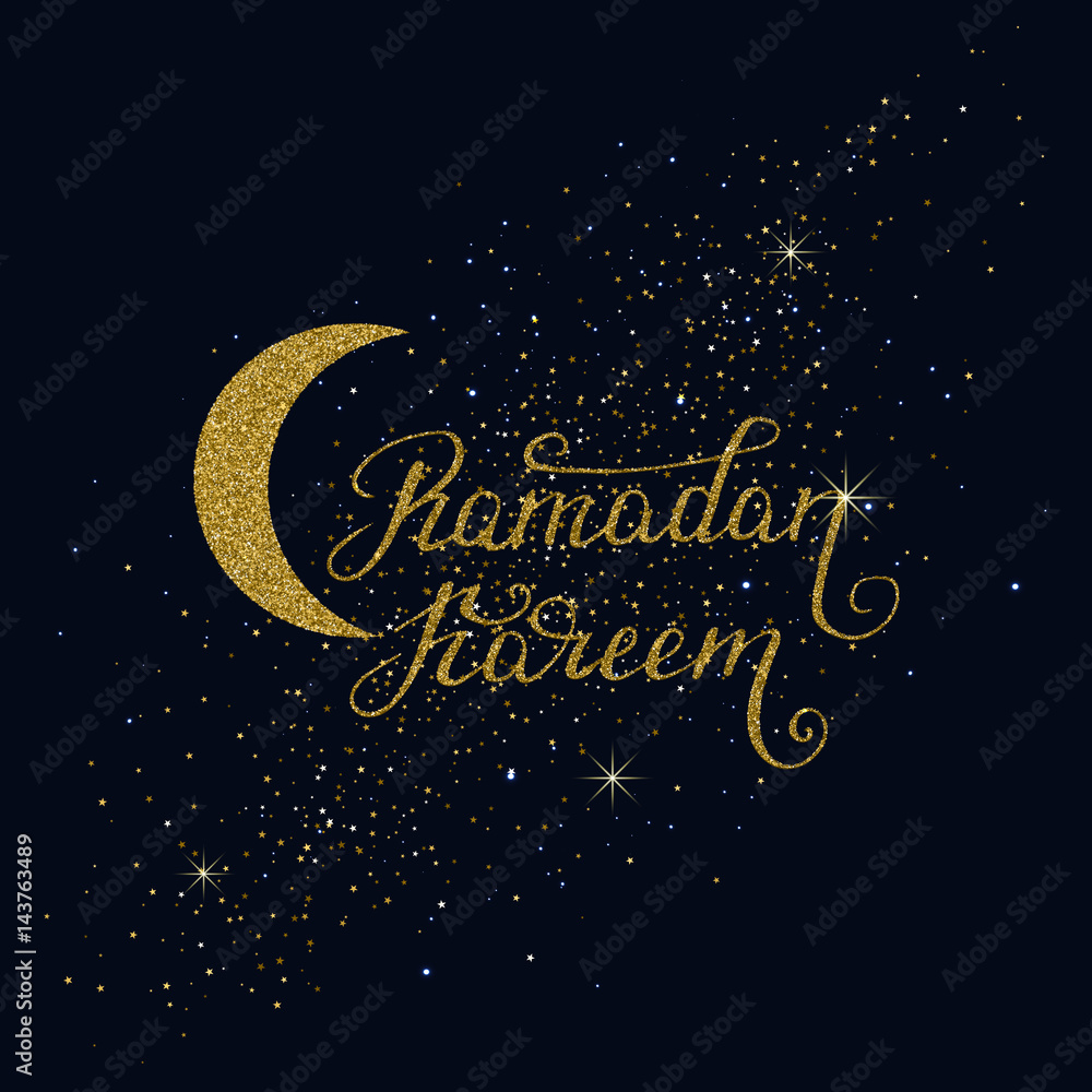 Hand drawn Ramadan Kareem lettering with gold glitter texture. Hand drawn Ramadan Kareem lettering with gold glitter texture.