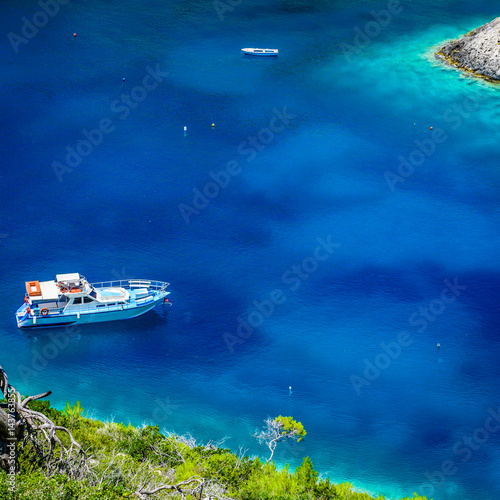 Obraz na płótnie Boats in the lagoon of Porto Vromi Bay. Photo from Zakynthos Island, Greece. w salonie