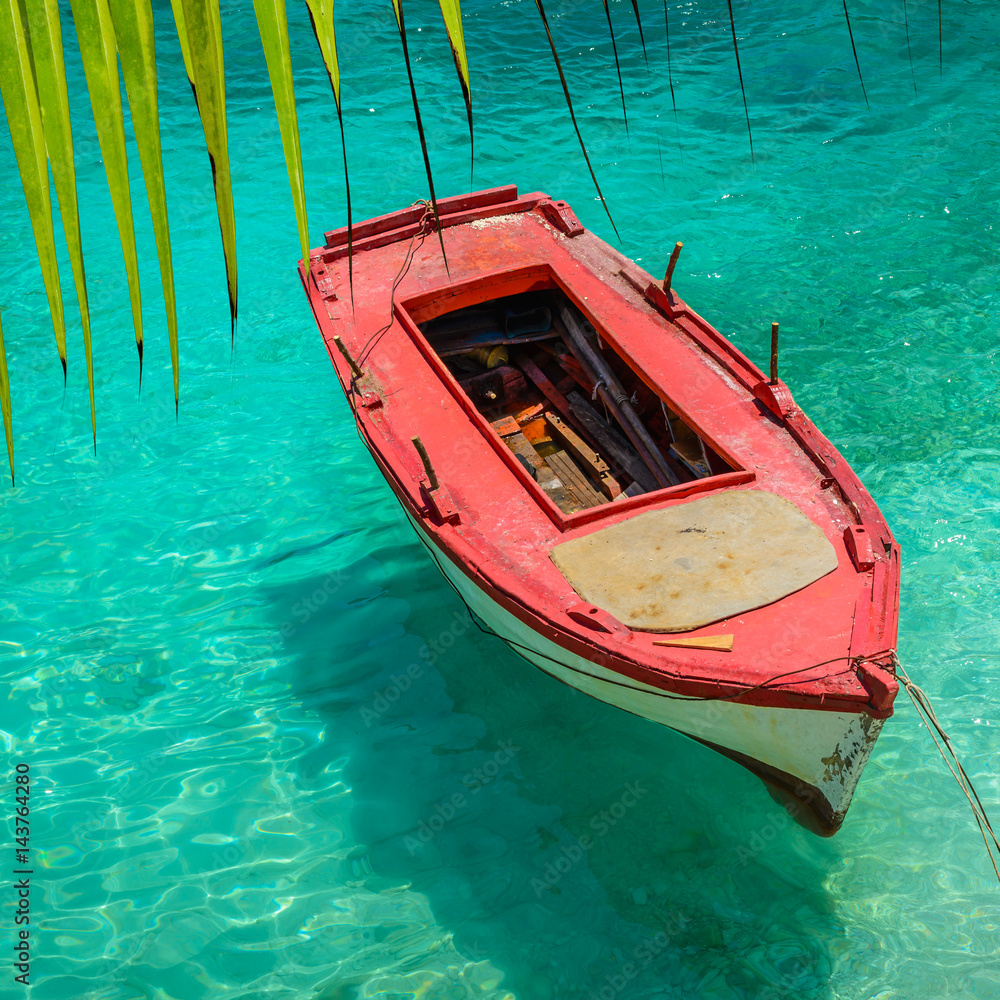 Boat, clear sea water and green palm leaves on tropical sea abstract background. Marine landscape.