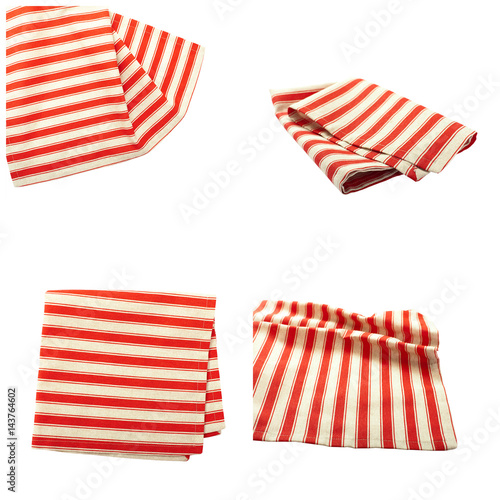 Set stack of colorful dish towels isolated on white. Multi-colored linen napkins for restaurant. Flat mock up for design. Top view