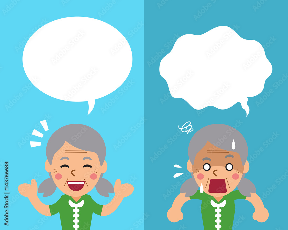 Cartoon a senior woman expressing different emotions with speech bubbles Cartoon a senior woman expressing different emotions with speech bubbles