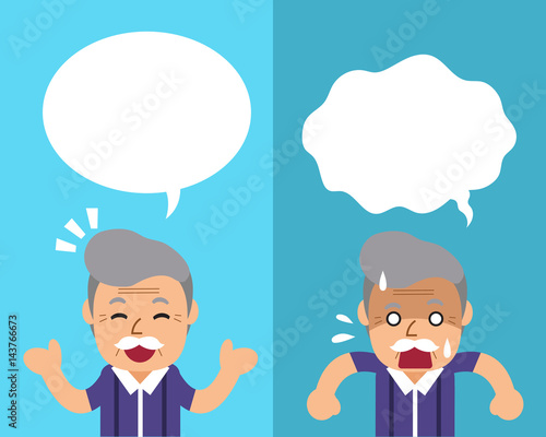 Cartoon a senior man expressing different emotions with speech bubbles