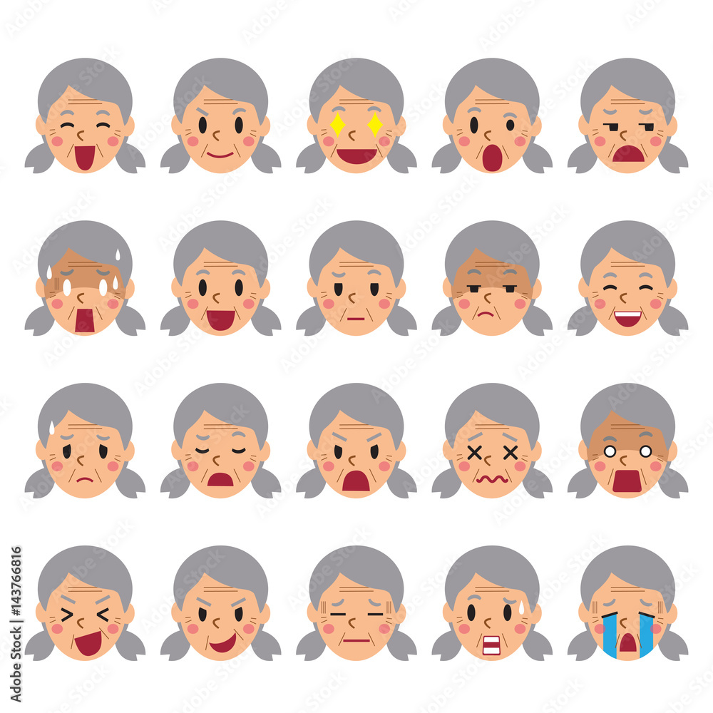 Set of a senior woman faces showing different emotions Set of a senior woman faces showing different emotions