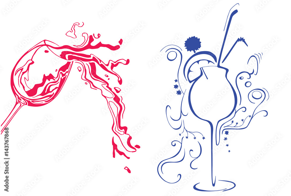 Red silhouette of wine glass. Blue silhouette of alcohol cocktail with a straw. Vector illustration Red silhouette of wine glass. Blue silhouette of alcohol cocktail with a straw. Vector illustration