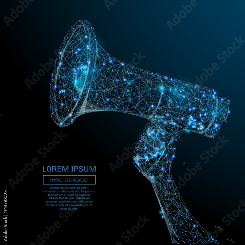 Abstract image of a loudspeaker in the form of a starry sky or space, consisting of points, lines, and shapes in the form of planets, stars and the universe. Vector business