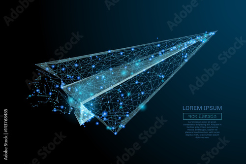Abstract image of a aircraft origami in the form of a starry sky or space, consisting of points, lines, and shapes in the form of planets, stars and the universe. Vector wireframe concept.