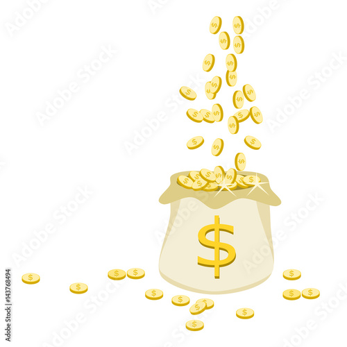 Business concept for finances and economics with golden money dropping down . Flat color design.