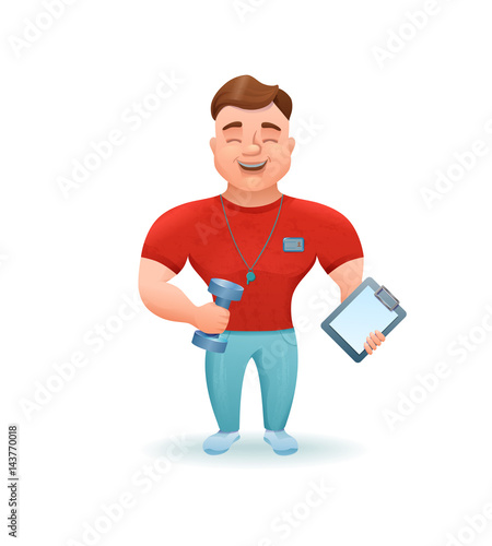 Personal fitness trainer or bodybuilder holding dumbell cartoon character. Vector illustration