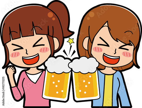 ビールで乾杯する女子会のイラスト