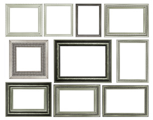 collection of vintage  silver and wood picture frame, isolated on white