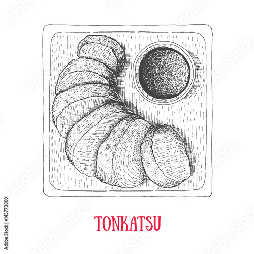Japanese food, pork cutlet Tonkatsu. Hand drawn vector illustration.