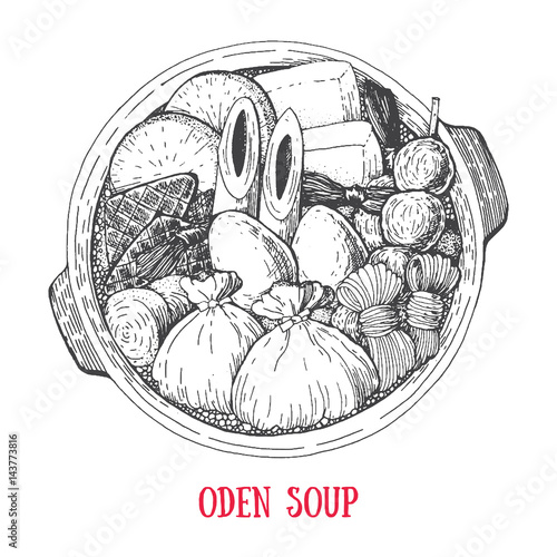 Japanese food oden, fish dumplings. Hand drawn vector illustration