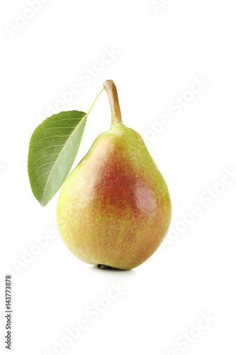 Ripe pear with leaf isolated on a white