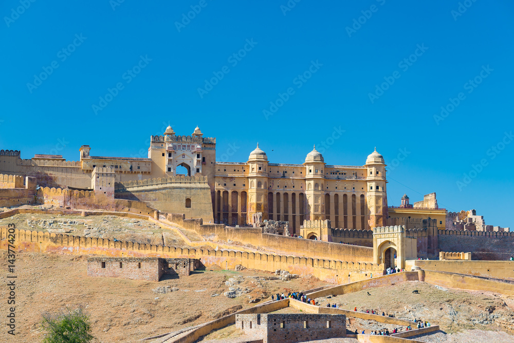 The impressive landscape and cityscape at Amber Fort, famous travel destination in Jaipur, Rajasthan, India.