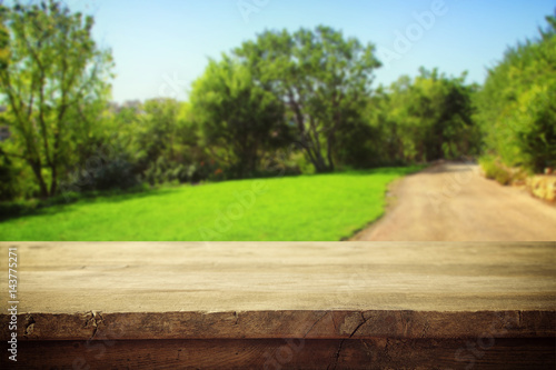 Empty rustic table in front of countryside background