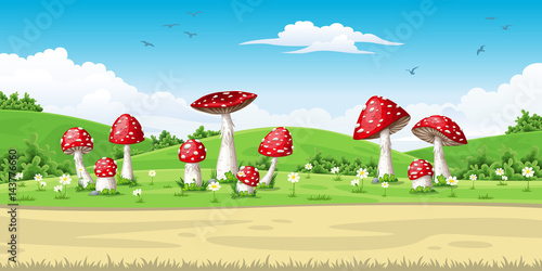 Illustration of a landscape with mushrooms