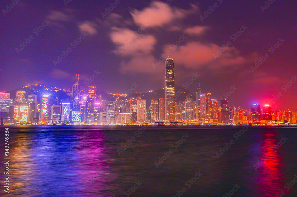 Night panorama of the city of hong kong