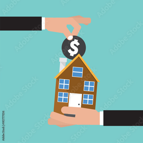 Hand Give A Coin To House Buying Real Estate Conceptual Vector Illustration