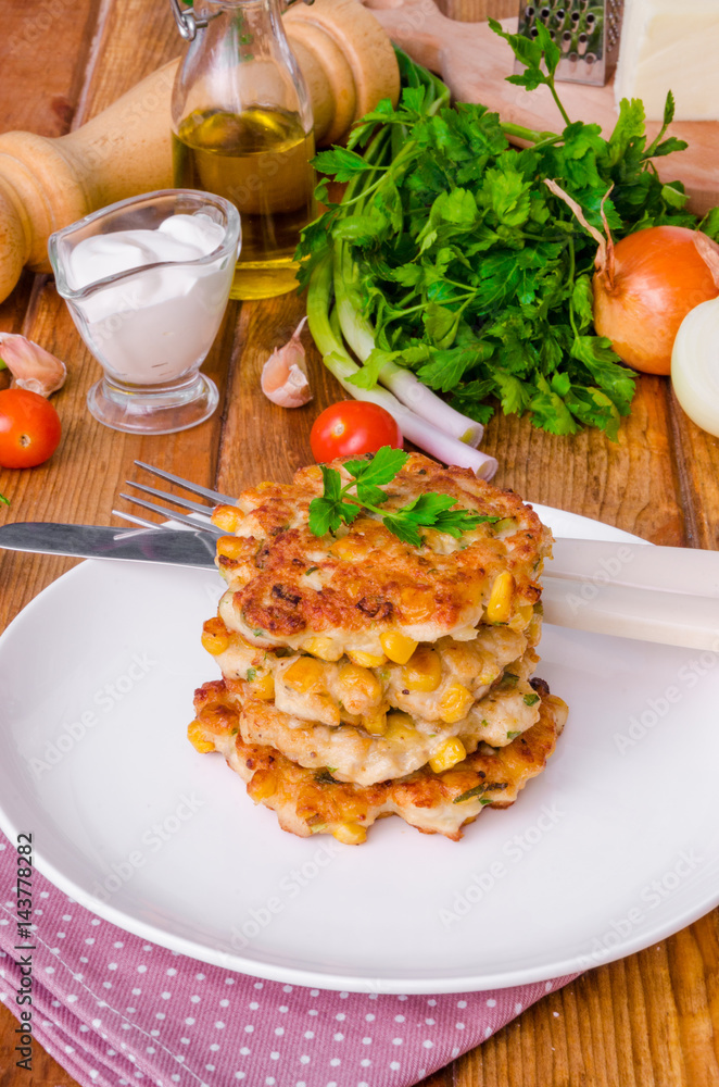Chicken fritters with corn, onions and fresh herbs Chicken fritters with corn, onions and fresh herbs