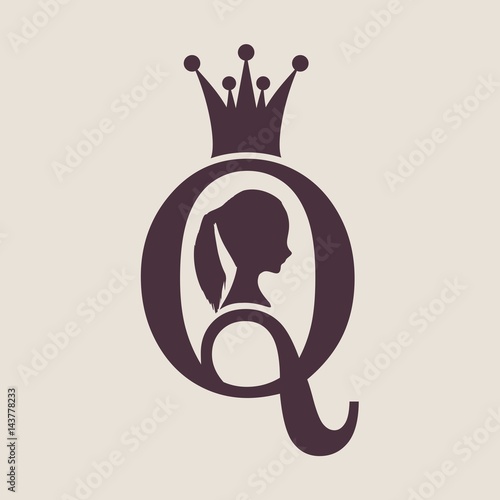 Vintage queen silhouette. Medieval queen profile. Elegant silhouette of a female head. Vector Illustration. Ponytail hairstyle. Monochrome gamma. Royal emblem with Q letter