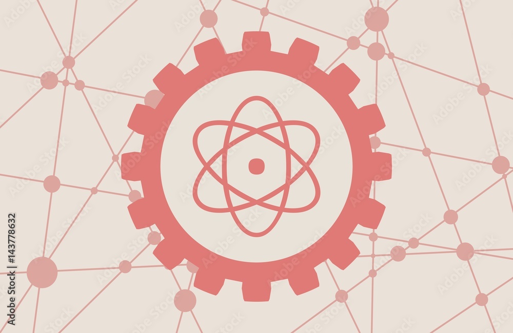 Pictograph of atom in the center of gear. Molecule And Communication Background. Brochure or report design template. Connected lines with dots. Pictograph of atom in the center of gear. Molecule And Communication Background. Brochure or report design template. Connected lines with dots.