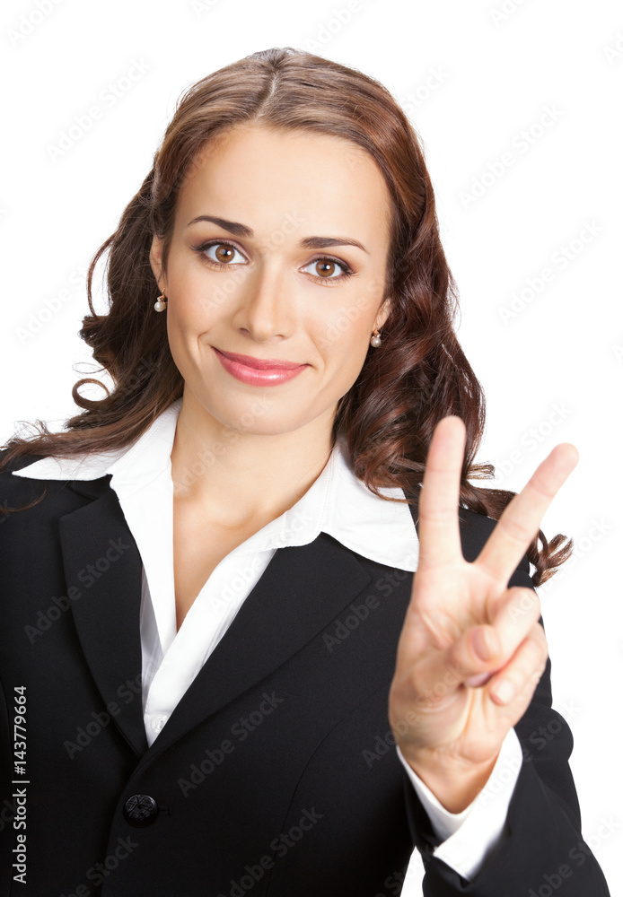 Businesswoman showing two fingers, on white Businesswoman showing two fingers, on white