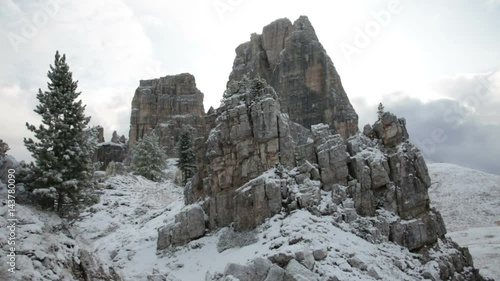 Mountains Cinque Torri (The Five Pillars), covered with snow, early autumn, Dolomites, Italy