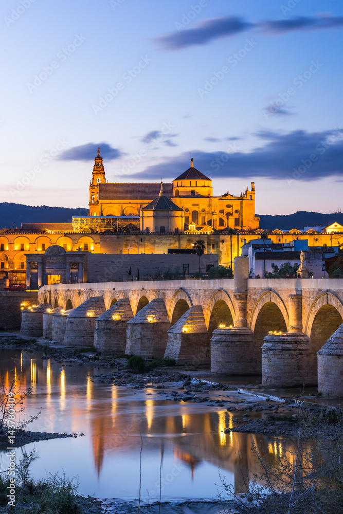 Cordoba, Spain view of the Roman Bridge and Mosque-Cathedral at twilight