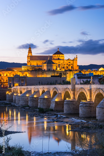 Cordoba, Spain view of the Roman Bridge and Mosque-Cathedral at twilight