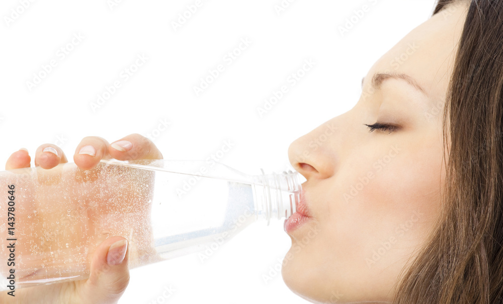 Woman in drinking water, isolated on white Woman in drinking water, isolated on white
