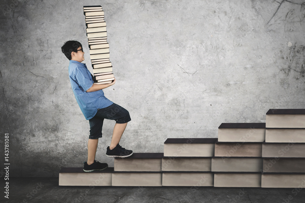 Elementary student carrying books on stair Elementary student carrying books on stair