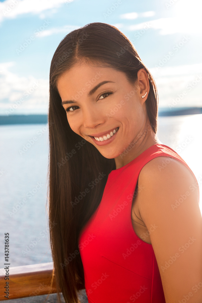 Beautiful Asian elegant woman smiling beauty portrait Happy multiracial lady outside on terrace. Young professional confident businesswoman.