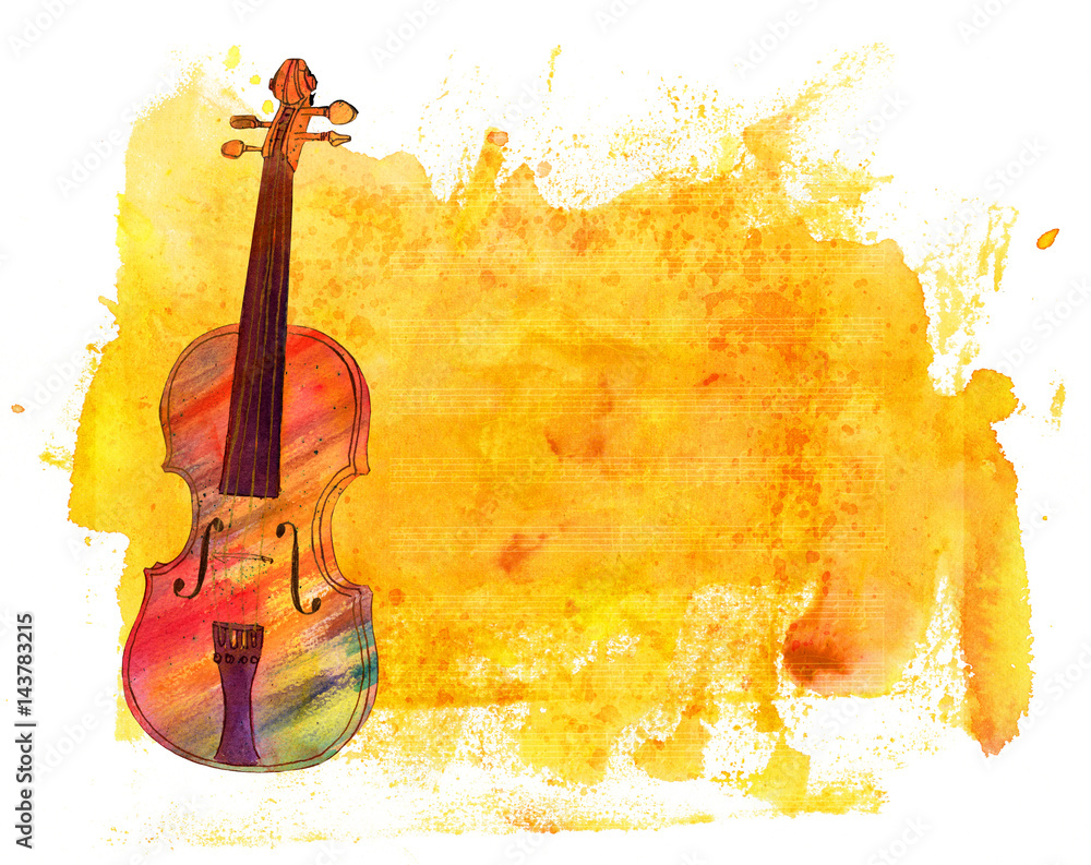 Obraz premium Watercolor violin on golden texture with notes and copyspace
