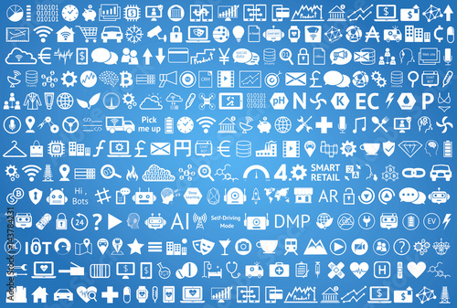 Internet of things , iot , smart home , car , industry 4.0 , agriculture , fintech , retail , smart city concept. White Info graphic Technology, Industrial icons on blue background.