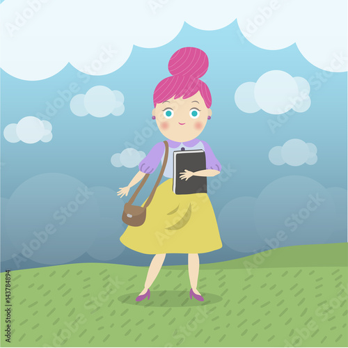 Happy Woman Office Worker holding a briefcase on grass, cloud background