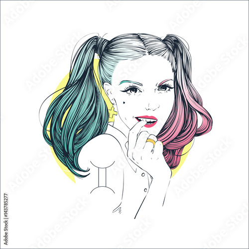 Zodiac: Illustration of Gemini zodiac sign as a beautiful girl. Vector zodiac illustration. Comic style fashion illustration.