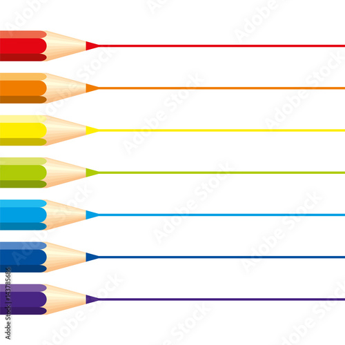 Set of isolated colored pencils: red, orange, blue, light blue, violet, green, yellow, with horizontal straight lines for note, on white background. Rainbow colors.