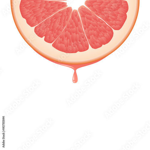 Isolated realistic colored half circle slice of pink color juicy grapefruit with drop of juice on white background.