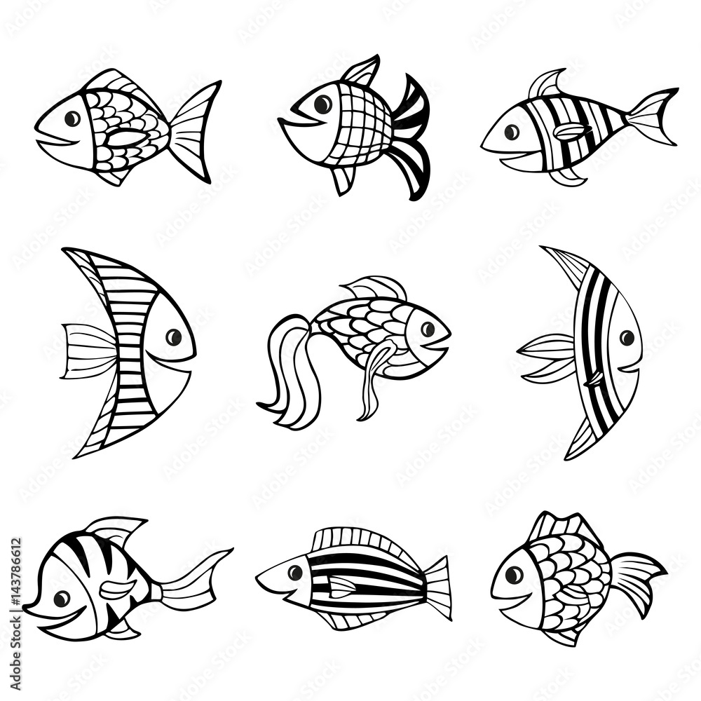 Set of nine isolated hand drawn black outlines fishes on white background.
