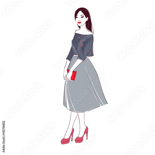 Beautiful dark hair young women in blouse, high heel shoes and midi skirt with handbag with. Hand drawn illustration.