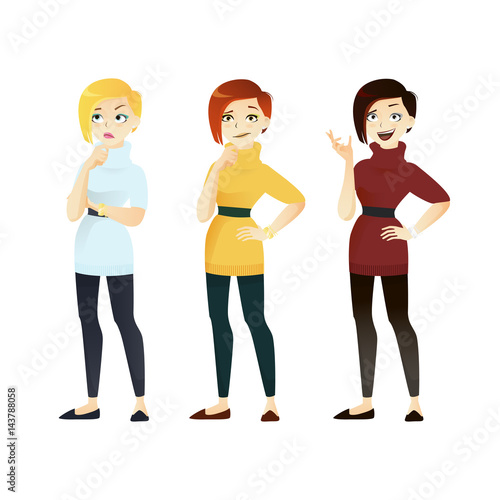 Cute set of beautiful carrtoon young girls with various emotion. Vector flat comic style illustration.