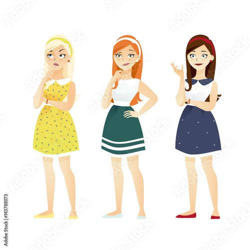 Cute set of beautiful сarrtoon young girls with various emotion. Vector flat comic style illustration.